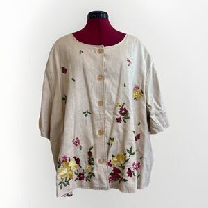 Dressbarn Vtg‎ Reversible Linen Embroidered Floral Button Front Jacket Top Tan